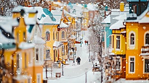 Snowy road goes into the distance, the houses with yellow, blue facades. Private houses in winter town tilt shift photo