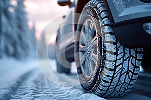 Snowy road journey car tires covered with snow in winter