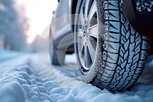 Snowy road journey car tires covered with snow in winter