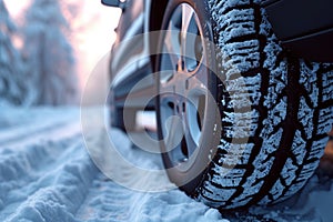 Snowy road journey car tires covered with snow in winter