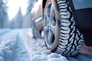 Snowy road journey car tires covered with snow in winter