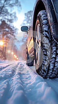 Snowy road journey car tires covered with snow in winter