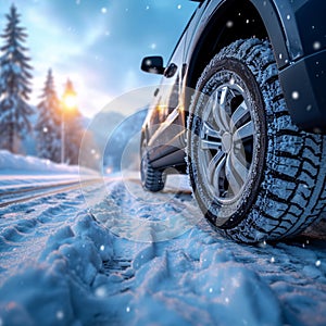 Snowy road journey car tires covered with snow in winter