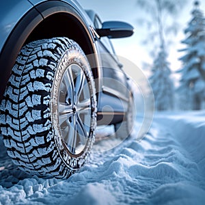 Snowy road journey car tires covered with snow in winter