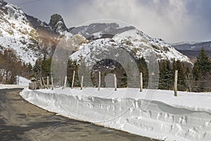 Snowy road in Rocca d'Aveto, province of Genoa, Italy