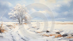 Snowy Road: A Serene And Expressive Landscape Painting