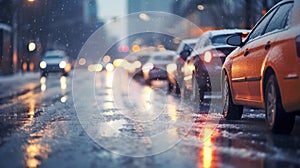 snowy road during a snowstorm on a winter in city, concept of Traffic jam and gridlock