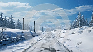 Snowy Road With Trees and Power Lines