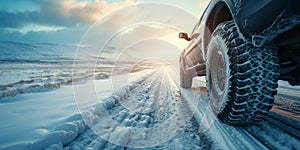Snowy Road With Winter Tires, Navigating Icy Conditions And Ensuring Safety, Copy Space
