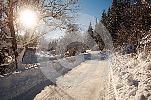 Snowy road in winter village sunshine with blue sky