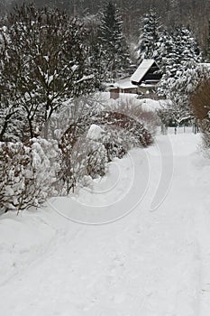 Snowy rural house in village during the cold winter