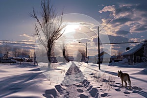 snowy scene with a bone half-buried in the snow, dog tracks leading away