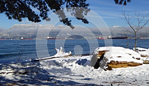 Snowy scene of Spanish Banks in Vancouver with the north shore mountains in distance