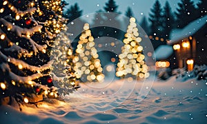 A snowy scene with trees and houses with lights on them.