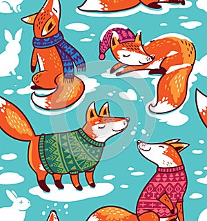 Snowy seamless pattern with cartoon foxes in cozy sweaters.