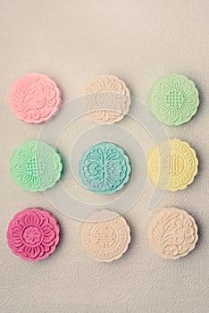 Snowy skin mooncakes. Chinese mid autumn festival foods. Traditional mooncakes on table