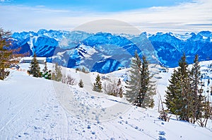 On snowy slope of Feuerkogel Mountain plateau, Ebensee, Salzkammergut, Austria