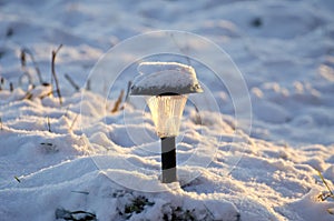 Snowy solar garden lamp in winter photo