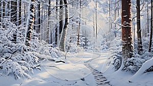 Snowy Solitude: A Hyper-Realistic Depiction of a Snow-Covered Forest, Inviting You to Revel in the Solitude and Tranquility of a W