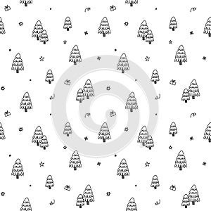 Snowy spruce forest. Christmas seamless pattern in doodle style