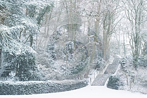Snowy stairs at Lousberg in Aachen, Germany