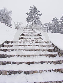 Snowy steps, heavy snowfall