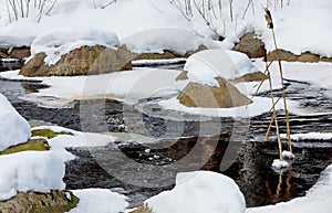 Snowy stones in small river in winter time