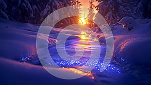 Snowy stream sunset, winter forest, nature scene, postcard