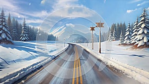 snowy street with big trees beside the road and clear sky