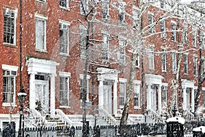 Snowy street scene in New York City photo