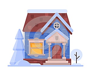 Snowy Suburban Wooden Cottage, Cute Rural Winter House, Timbered Cabin Vector Illustration