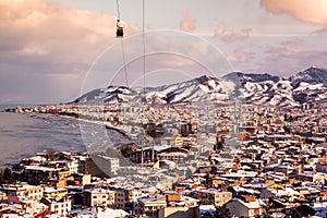 Snowy and sunny view of Ordu city in winter