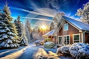 Snowy Sunrise Cabin in Winter Woods
