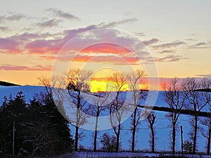 Snowy Sunset In Crookham, Northumberland, England