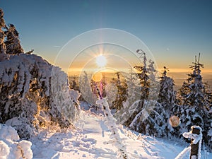 Snowy Sunset Erzgebirge in Germany