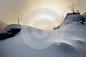 Snowy sunset in Harz mountains