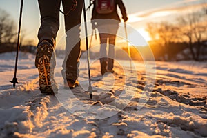 Snowy sunset saunter pair of ski poles guiding feet on snow, sunrise and sunset wallpaper