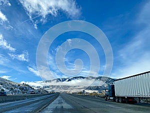 Snowy Tejon Pass Grapevine California during Dangerous Winter Driving Conditions photo