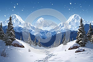 Snowy terrain with distant mountains and trees, a winter panorama