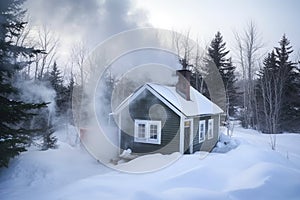 a snowy tiny home with smoke coming out of chimney