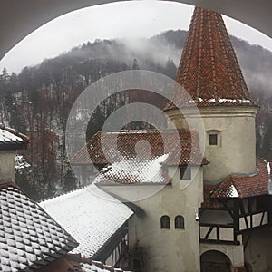 Snowy Tower of Bran Castle Dracula`s Castle, Romania