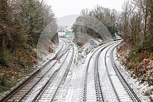 Snowy tracks in London, UK during the winter