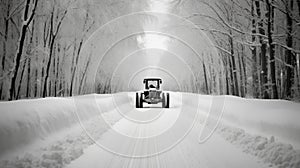 Snowy Tractor Road: A Minimalist Black And White Winter Landscape