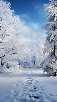 Snowy tranquility Winter forest landscape with frozen trees