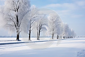 Snowy tree lined landscape by the highway, a serene winter tableau