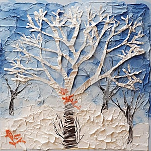 Snowy Tree Printmaking: Colorful Woodcarvings On Art Paper