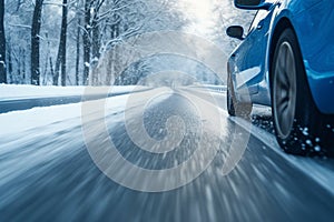 Snowy velocity, Blue car races along winter road, motion blur and snowflakes