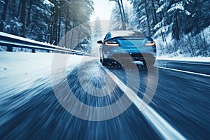 Snowy velocity, Blue car races along winter road, motion blur and snowflakes