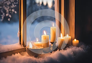 snowy view from a candlelit windowsill photo