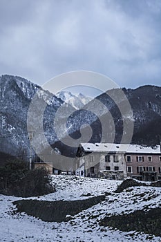 Snowy village in mountains